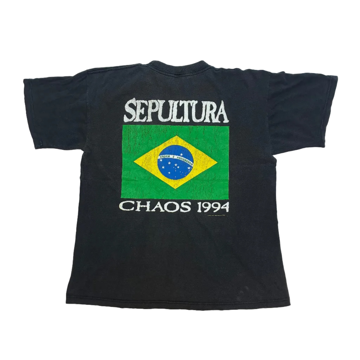 Black t-shirt with Sepultura and Brazilian flag design on a white surface.
